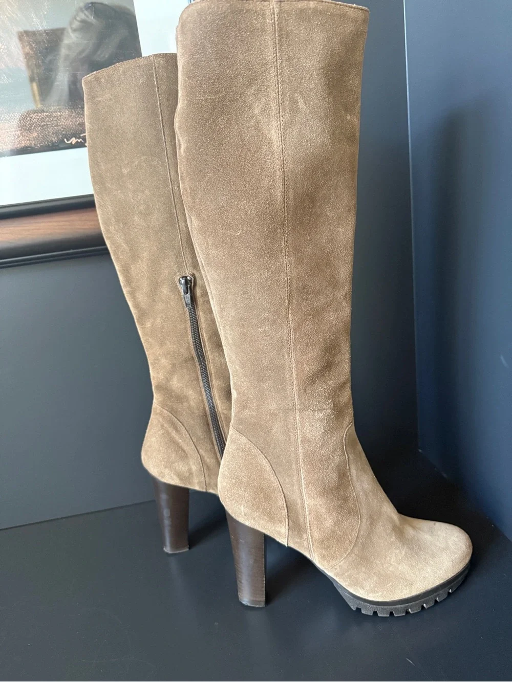 Jigsaw Suede Knee High Boots EU 36 Khaki Taupe Lug Sole High Heel